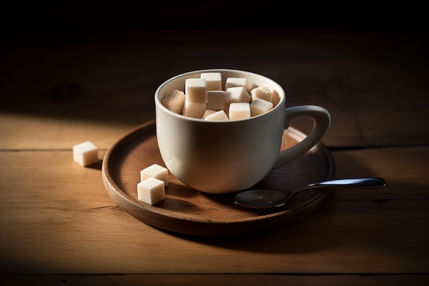 A coffee cup with sugar cubes and a spoon