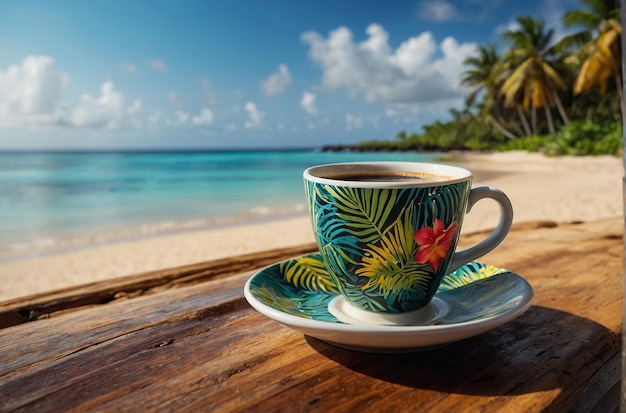 Coffee cup with a tropical beach sett