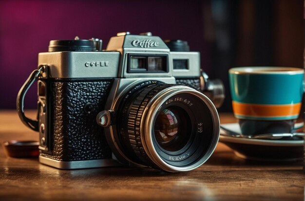 Coffee cup with a vintage camera