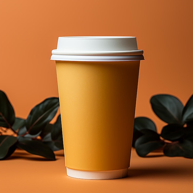 a coffee cup with a white lid sits on an orange table