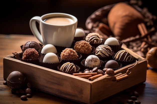 A coffee cup with a wooden tray of artisanal chocolates or truffles