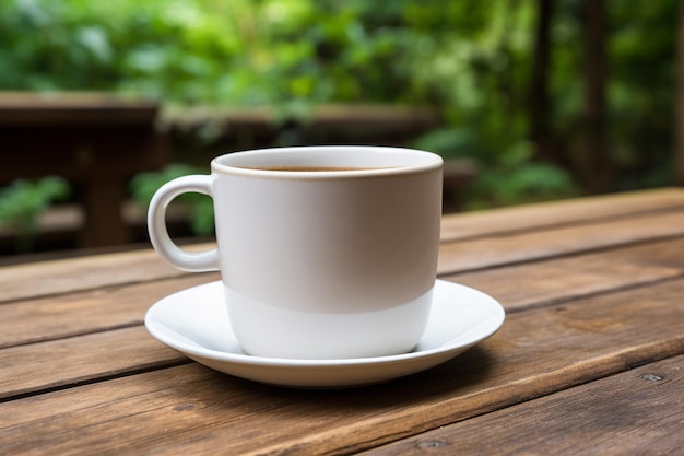 Coffee cup on a wooden deck