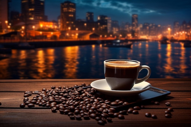 coffee cup on wooden plank with seascape at night