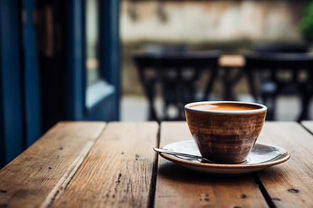 Coffee Cup on Wooden Table in Coffee Shop Generative AI