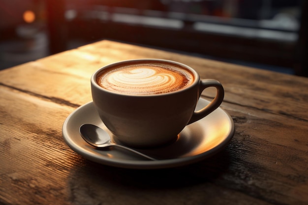 Coffee cup on wooden table in coffee shop stock photo