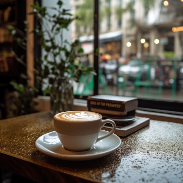 Coffee cup on wooden table in coffee shop with blurred background