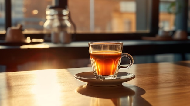 Coffee cup on wooden table in coffee shop with blurred background