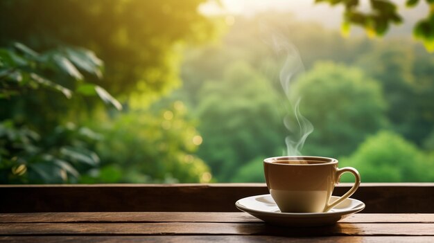 Coffee cup on wooden table in coffee shop with natural background