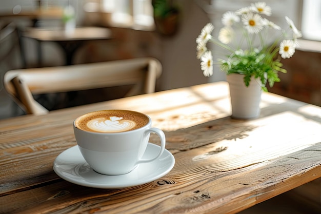 Coffee cup on wooden table in coffee shop