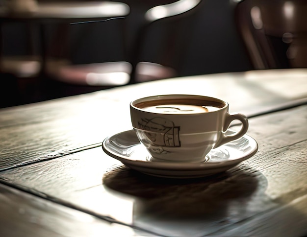 Coffee cup on wooden table in coffee shop