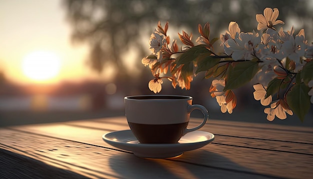 Coffee in cup on wooden table with flowers in spring season calm and relax coffee hot Generative AI