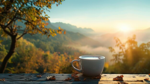 Photo coffee cup on a wooden table with the morning sun in the background