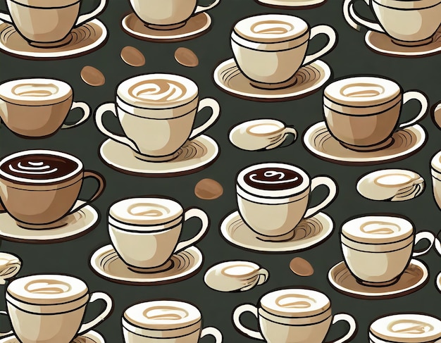 Photo coffee cups pattern drawing seamless wallpaper for design