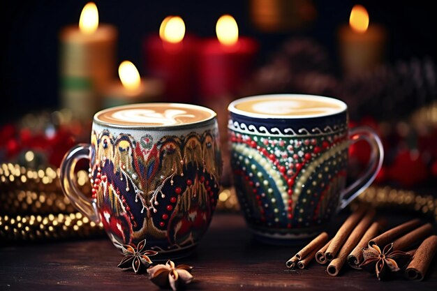 Coffee cups with christmas decoration on wooden table Selective focus