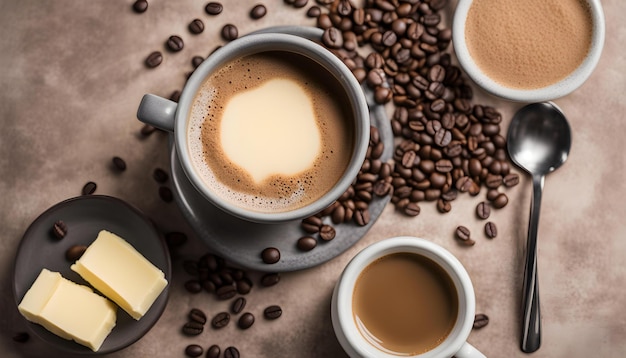 coffee cups with coffee and coffee beans on a table