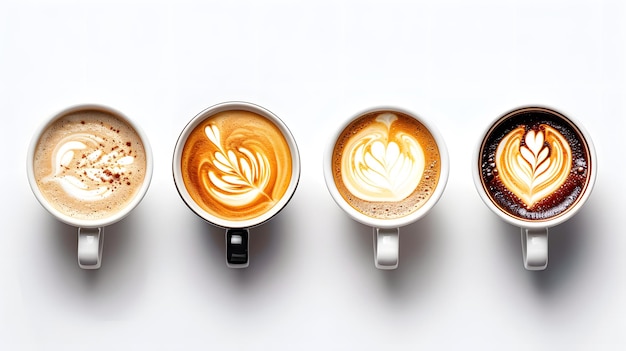 Photo coffee cups with different types of cream swirls on a white background each cup containing cappuccin