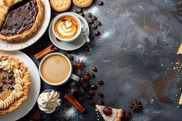 Coffee cups with latte art surrounded by various desserts