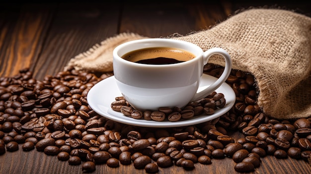 Coffee Day An image of a fragrant cup of coffee with scattered roasted beans on the table