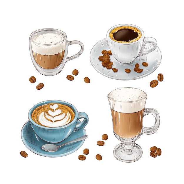 Coffee drinks collection Espresso latte and coffee beans on a white