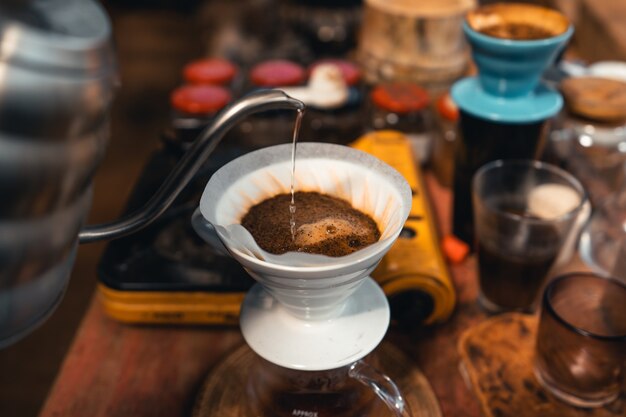 Coffee drip,Hot water from the kettle to pour the coffee.