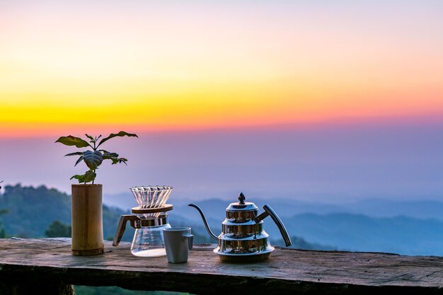 Coffee drip set on wooden table