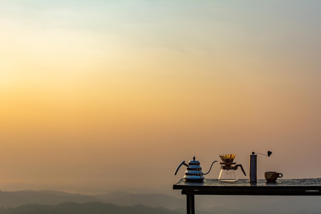 Coffee drip set on wooden table