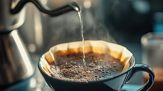 Photo a coffee dripper with hot water pouring over ground coffee creating steam and aroma