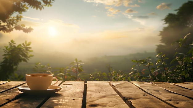 Coffee on empty wooden table with landscapes background Vintage style Generative AI