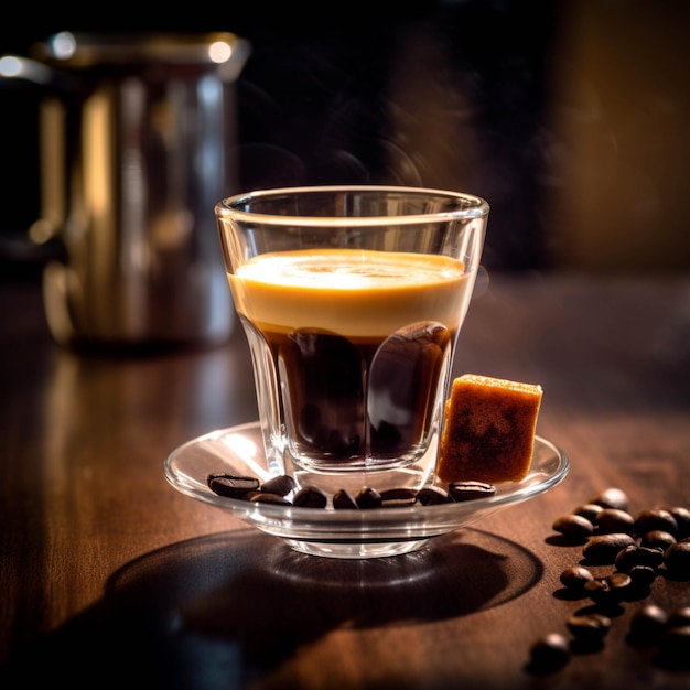 Coffee in a glass cup on a wooden table with coffee beans