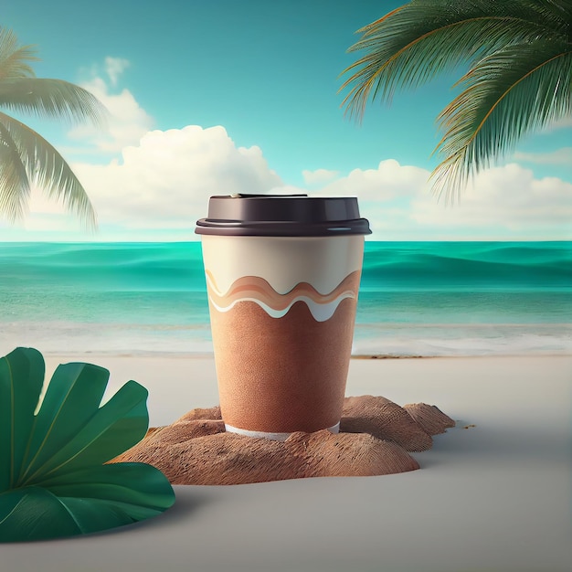 Coffee to go against the backdrop of a palm tree and the sea Illustration Generative AI