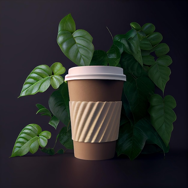 Coffee to go on a background with green plants Illustration Generative AI