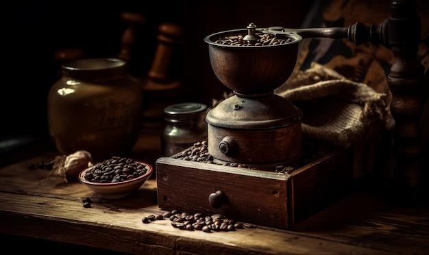 A coffee grinder with coffee beans on it