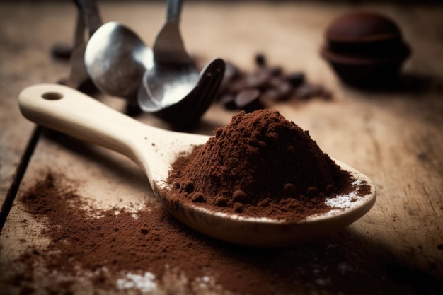 Coffee grounds in a wooden spoon up close