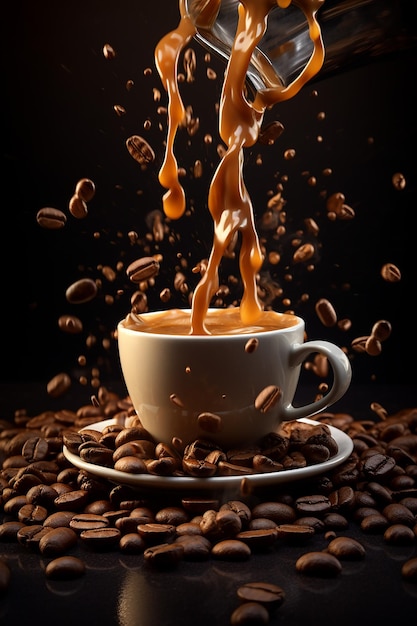 Coffee is thrown energetically from a coffeelined cup against a dark background