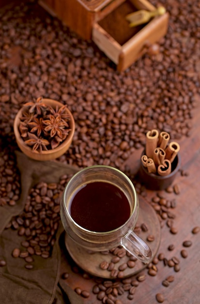 Coffee Latte and Coffee beans on wooden table