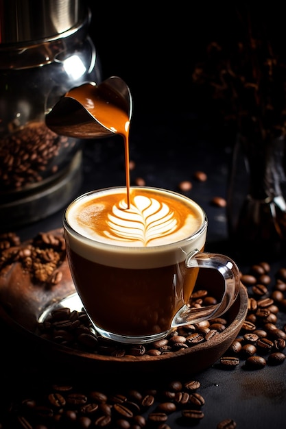 A coffee latte made on a table with coffee beans on a dark background