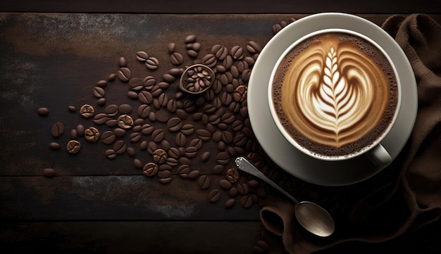 Coffee latte with creamy and foam in cup and latte art shape on dark wooden table Generative AI