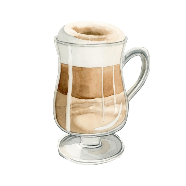 Coffee Latte with foam in glass mug Pumpkin Spice Latte Watercolor food illustration isolated