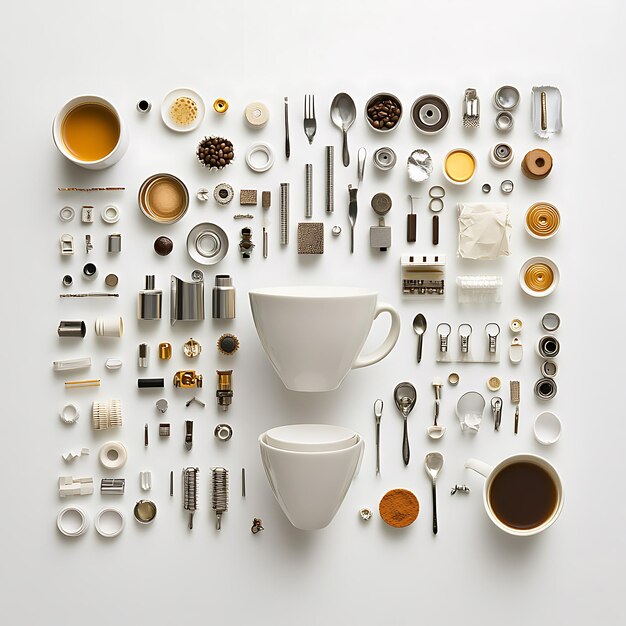 Photo coffee machine parts arranged around cups of coffee