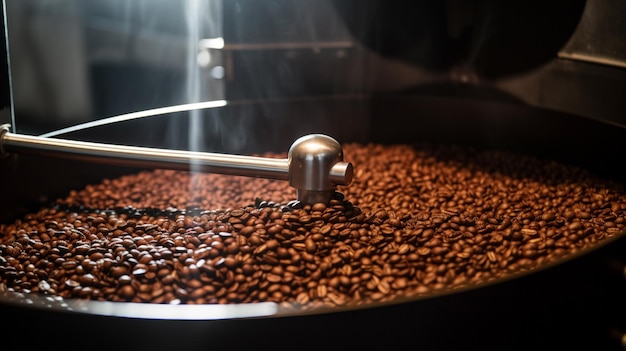 a coffee machine with a cup of coffee and a spoon.