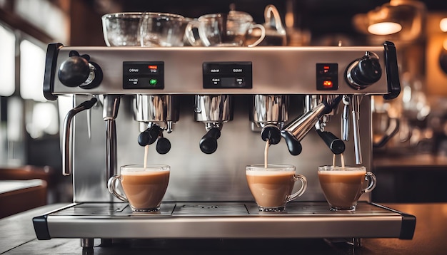 a coffee machine with cups of coffee and a red light on it