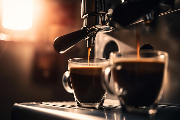 A coffee machine with espresso in the background