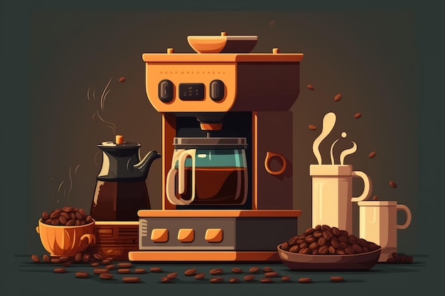 A coffee maker a cup of flavorful black coffee and many types of coffee beans on the table