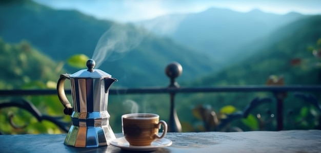 Coffee maker and cup on veranda mountains in background International Coffee Day Generative AI