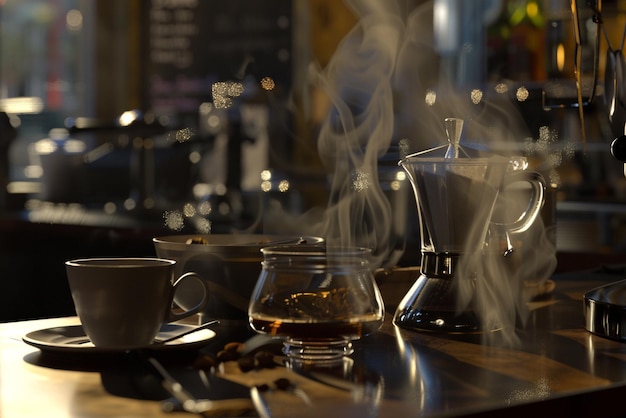 a coffee maker is sitting at a table in a restaurant