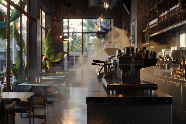 a coffee maker is sitting at a table in a restaurant