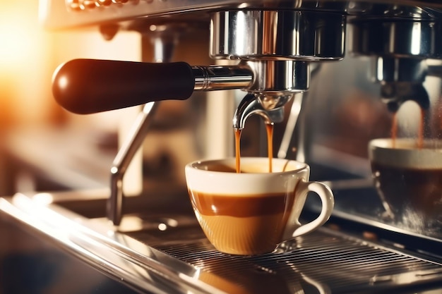 Coffee maker machine closeup hot espresso pouring in a cup from a proffessional portafilter in a cafe shop Generative AI