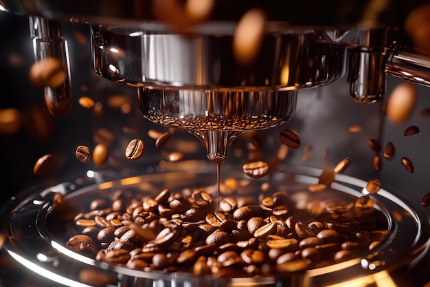 a coffee maker with coffee beans being poured into a glass container