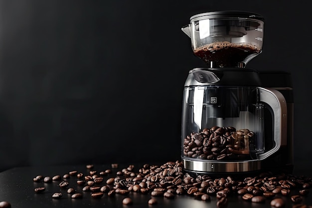 Coffee maker with coffee beans on black background