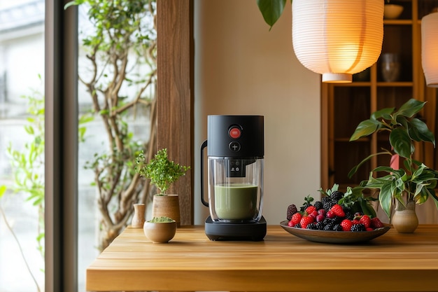 Photo a coffee maker with a green liquid in it sits on a table next to a plant and a pot with berries